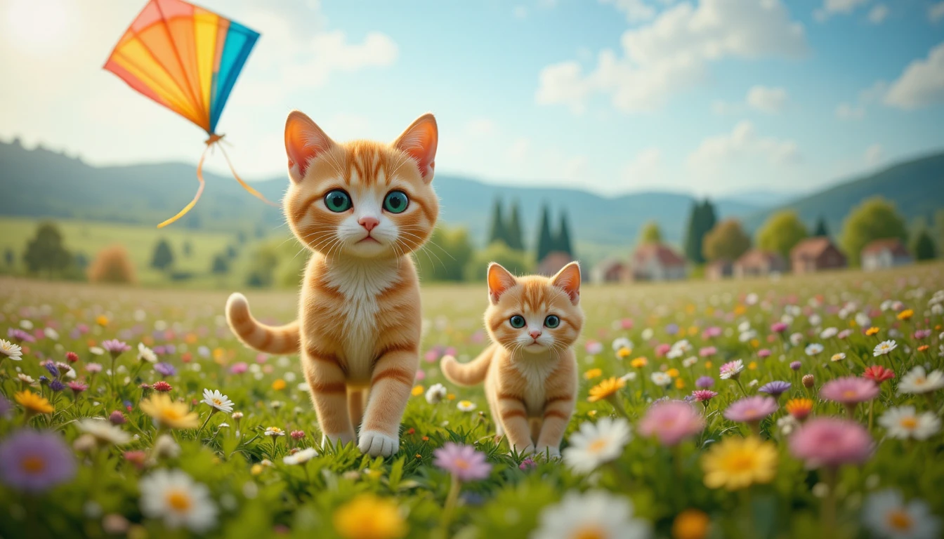 Gata mãe e filhote caminhando por um prado florido