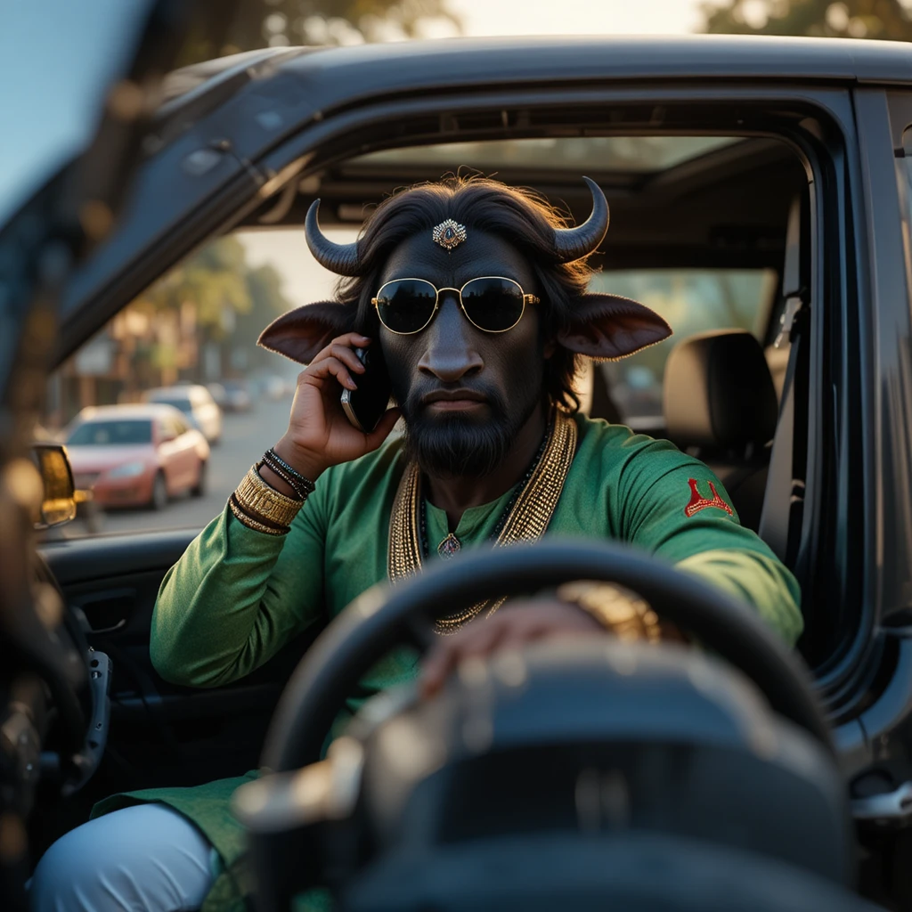 Bufalo con kurta verde che guida un SUV nero al tramonto