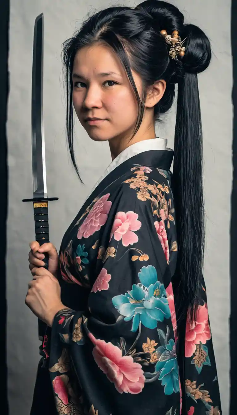 Tattooed asian woman kneeling with katana in studio