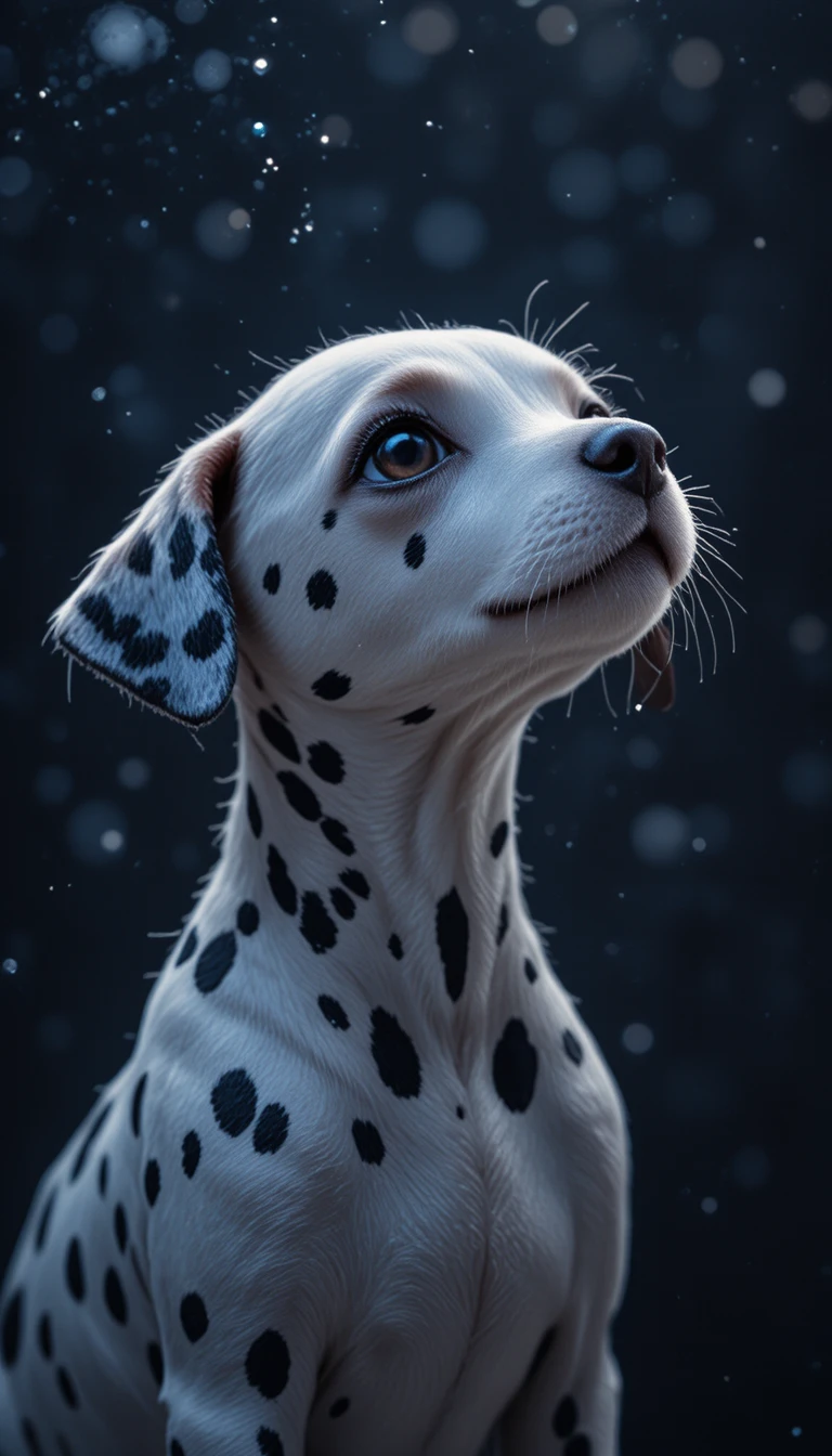 Retrato sereno de cachorro dálmata sobre fondo oscuro