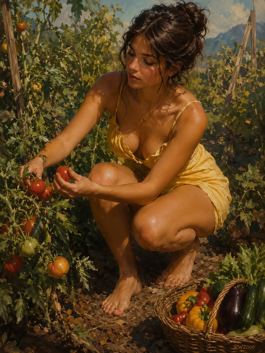 Jeune femme cueillant des tomates dans un jardin ensoleillé
