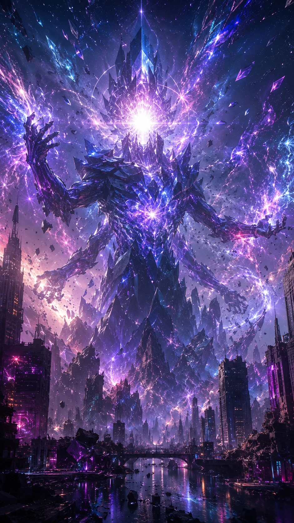 Kolossale kosmische Entität über einer neonbeleuchteten futuristischen Metropole