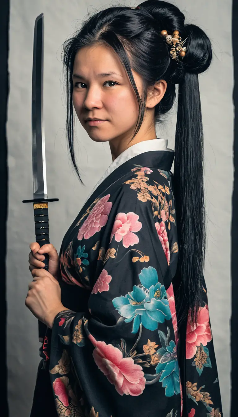 刺青亞洲女子在攝影棚持武士刀跪姿