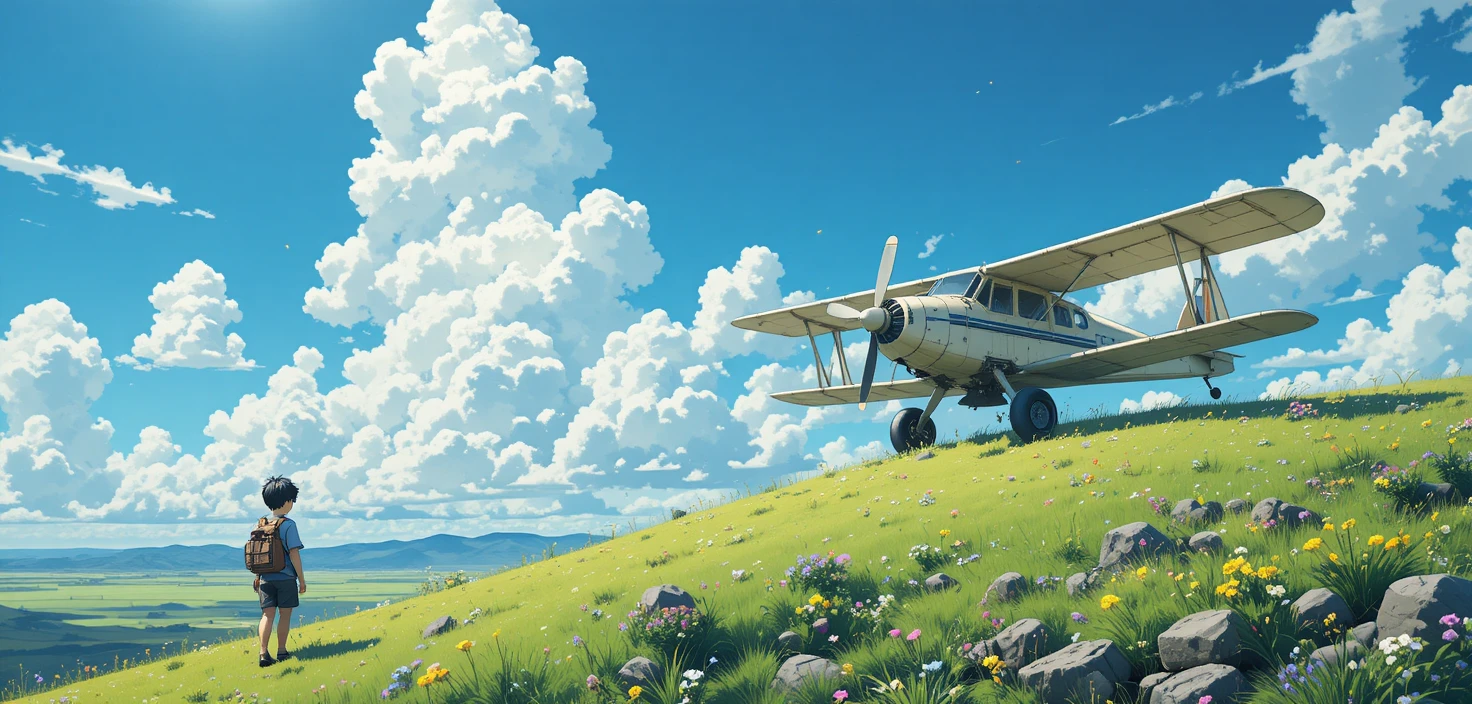 Scena collinare in stile anime con bambino e vecchio aereo