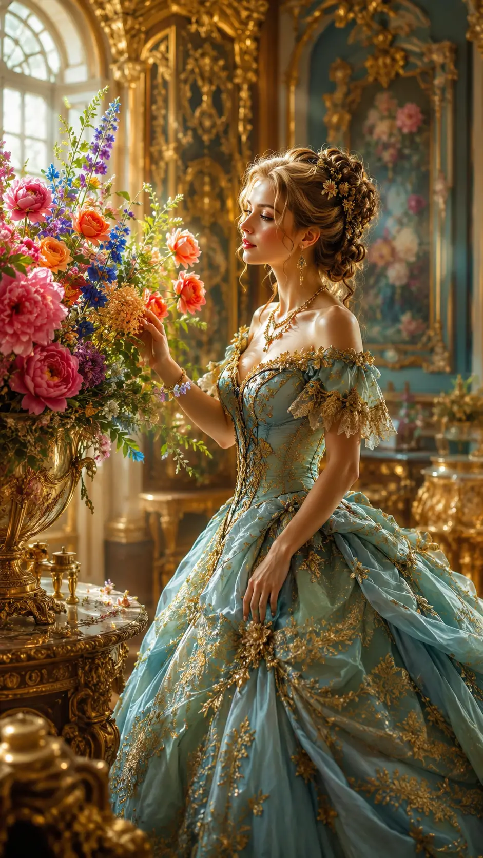 Dame baroque admirant une somptueuse composition florale fantastique