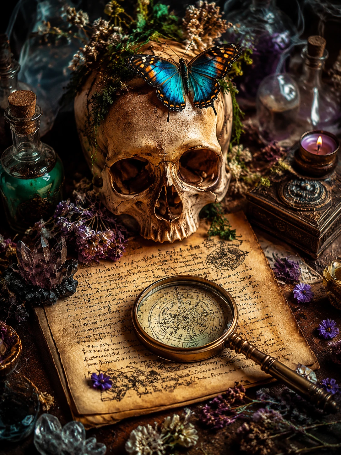Mesa mística de alquimia com caveira e borboleta