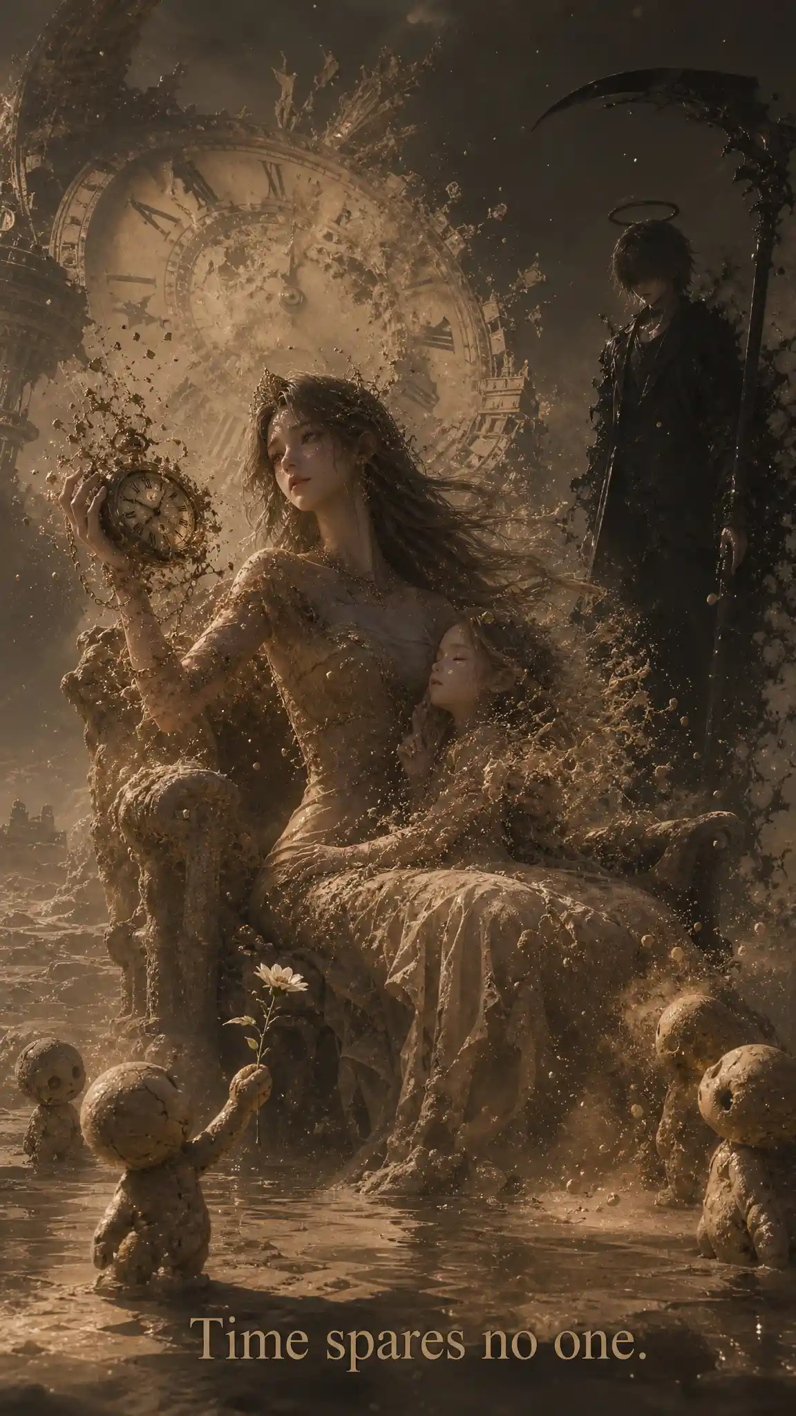Girl guarding a fading child in a cosmic sand realm