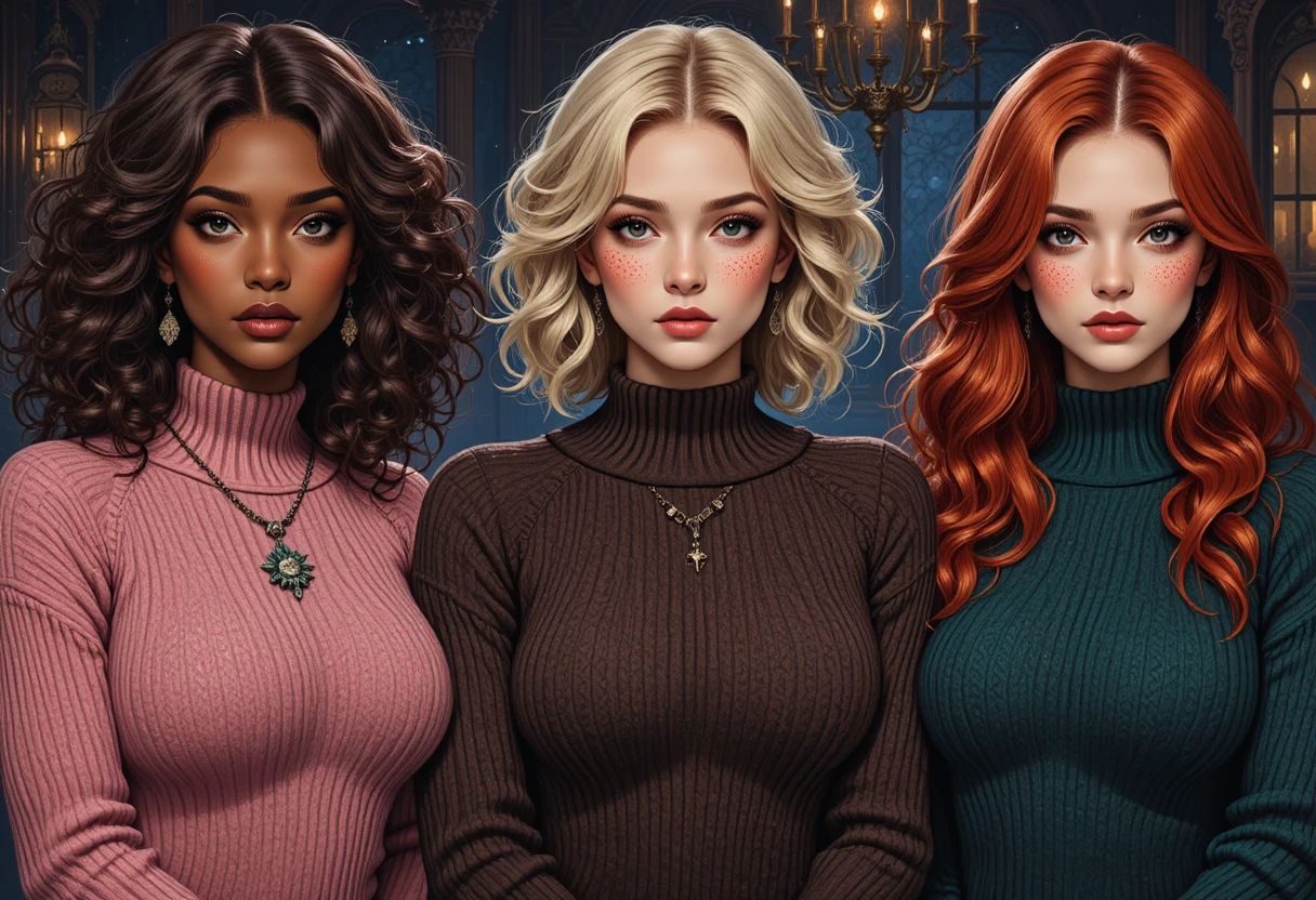 Tre donne glamour con maglioni di lana nella notte