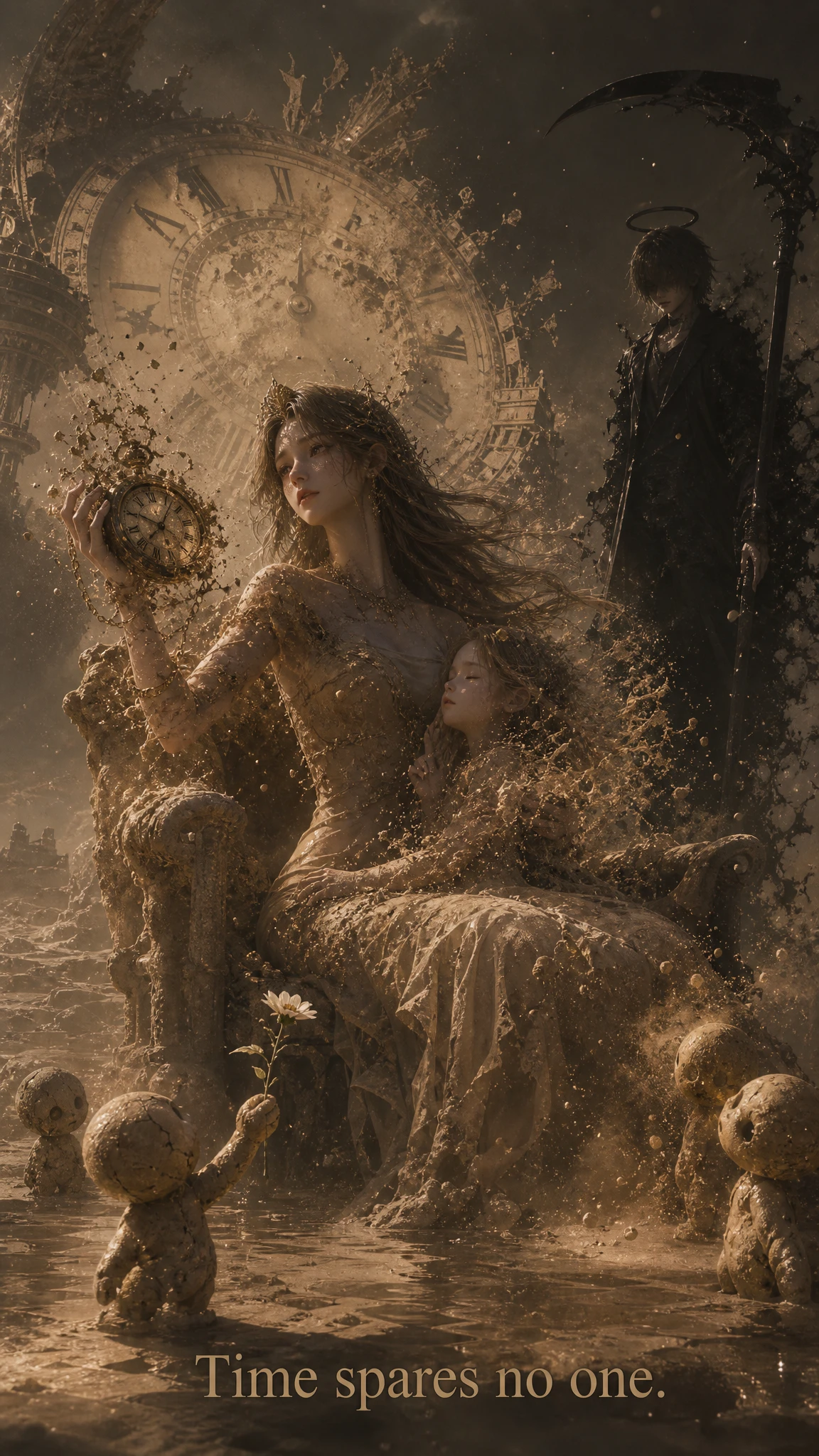 Girl guarding a fading child in a cosmic sand realm