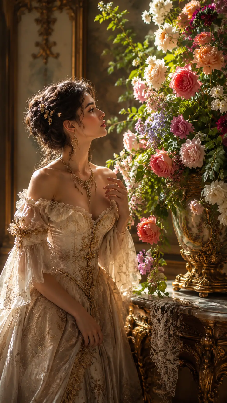 Dame baroque admirant une somptueuse composition florale