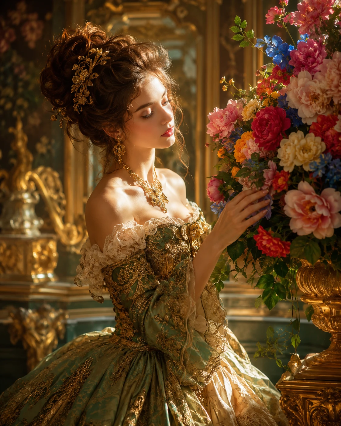 Dama barroca admirando um arranjo floral fantástico