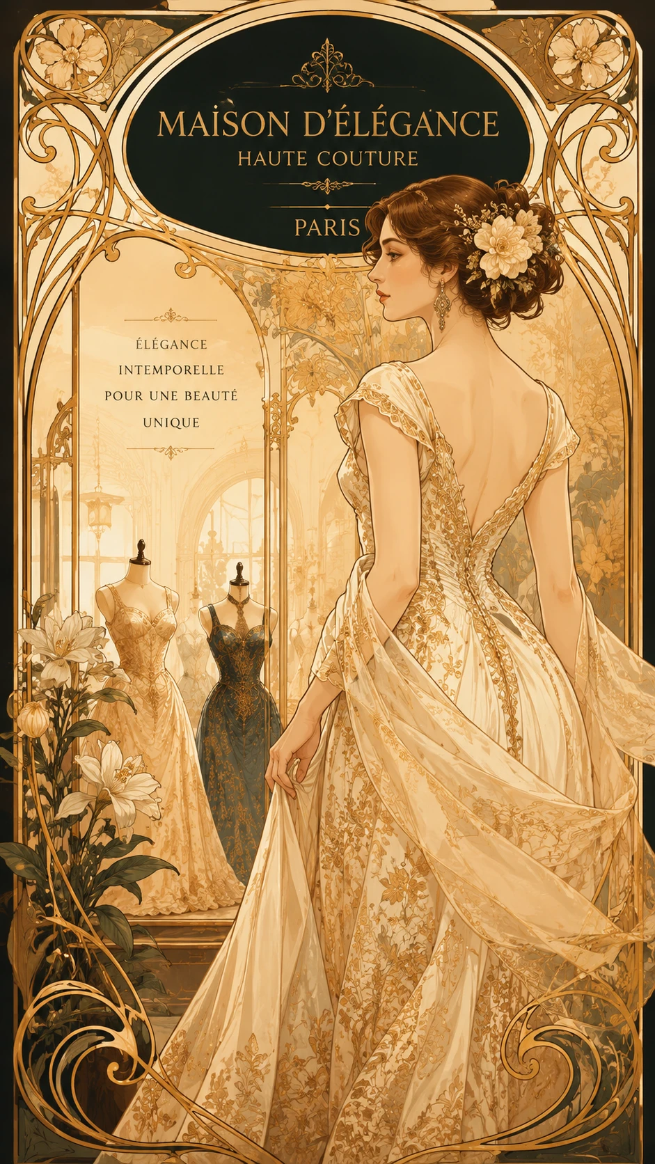 Art nouveau illustration of an elegant gown boutique scene