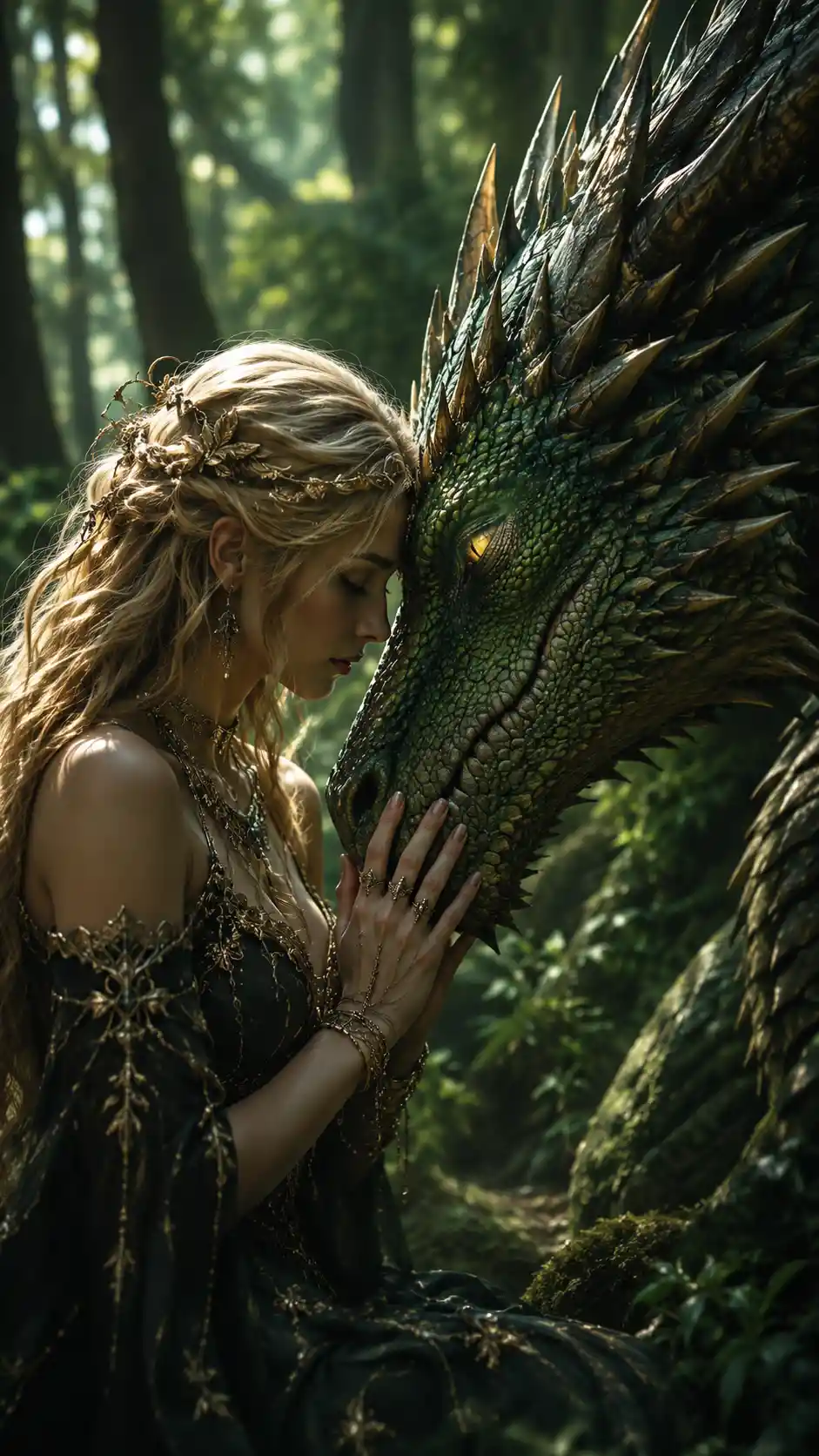 Donna e drago che condividono un momento di quiete nella foresta
