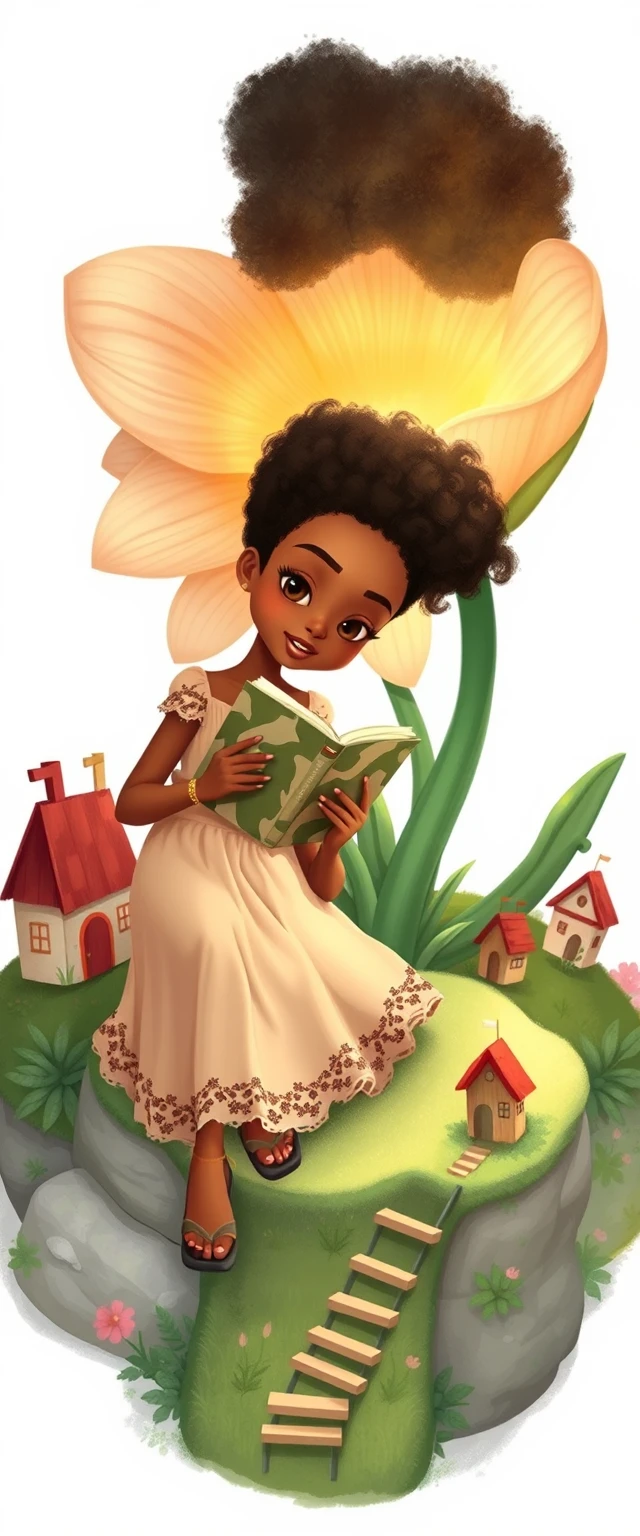 Illustrazione di una ragazza che legge dentro un fiore magico aperto