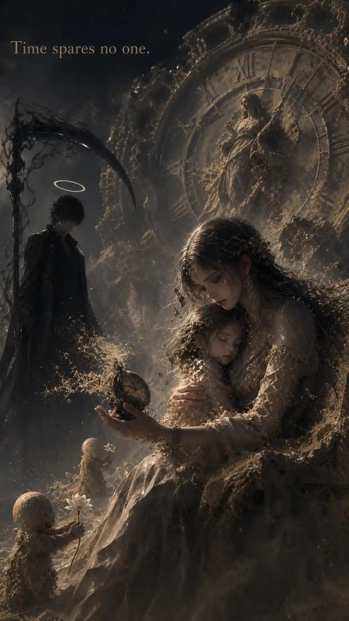 Woman shielding melting girl beside dragon of sand and time