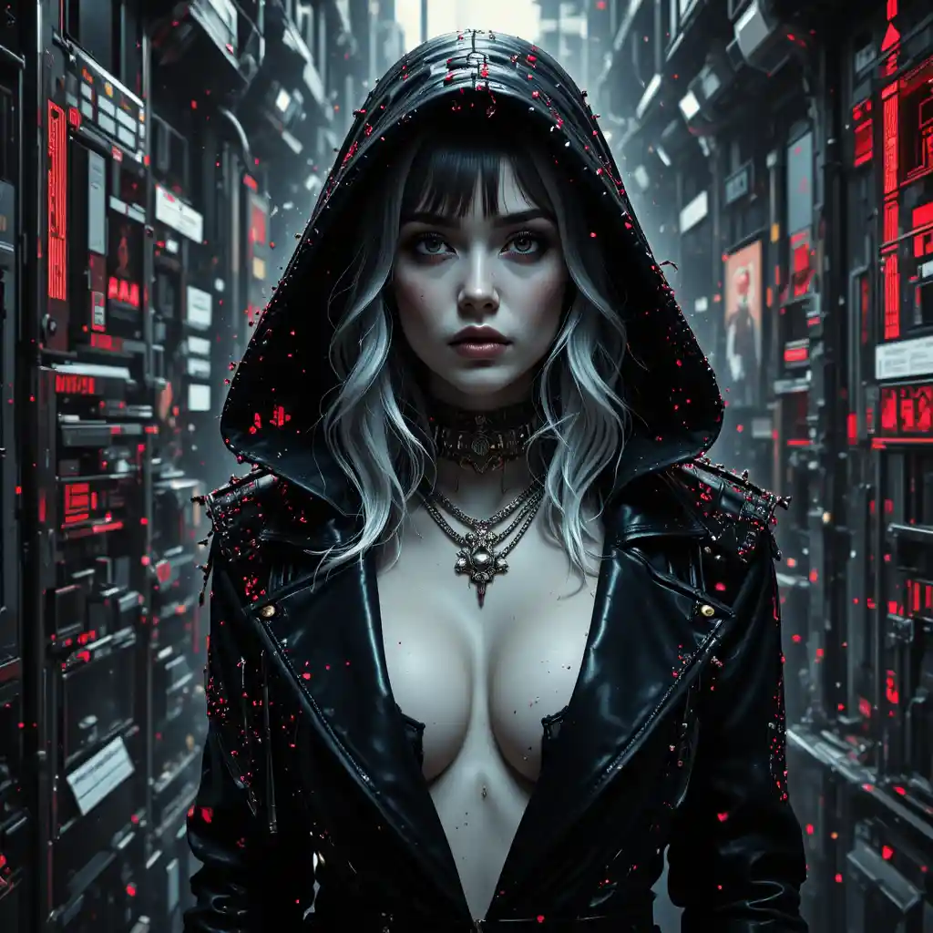 Cyberpunk femme fatale portrait in glitching digital storm