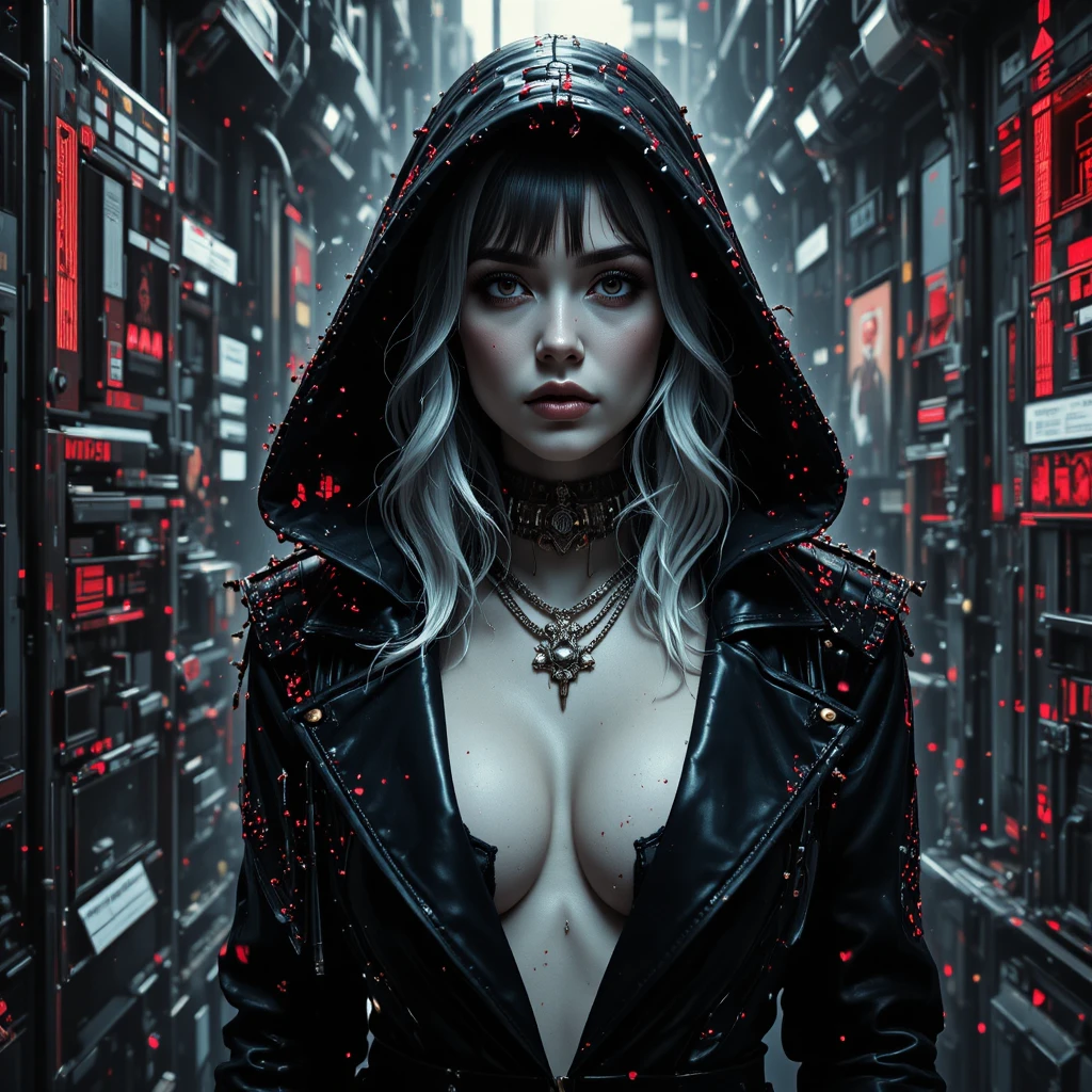 Retrato de femme fatale cyberpunk em tempestade digital com glitches