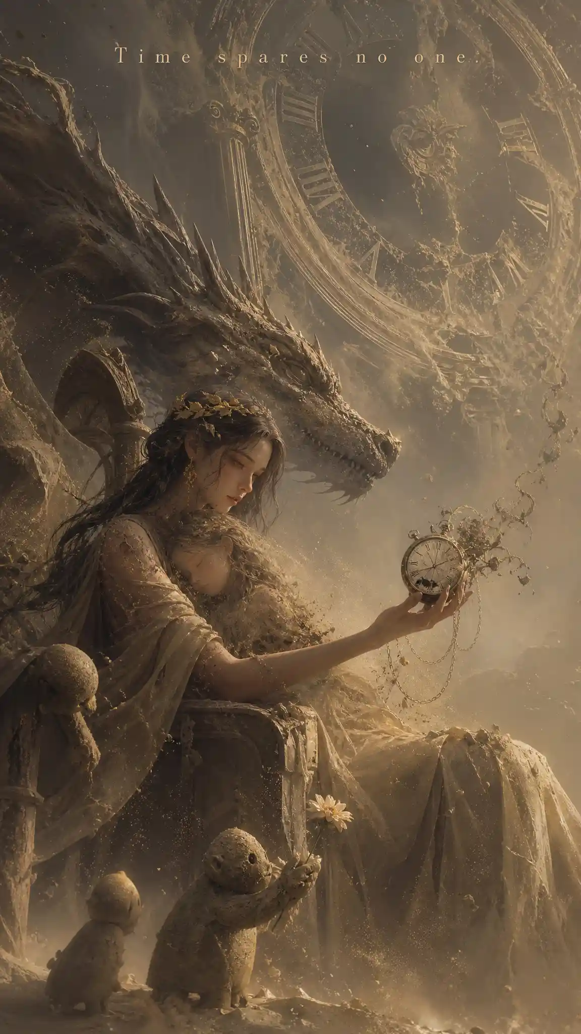 Girl in sand chair beside dragon in cinematic 3d scene