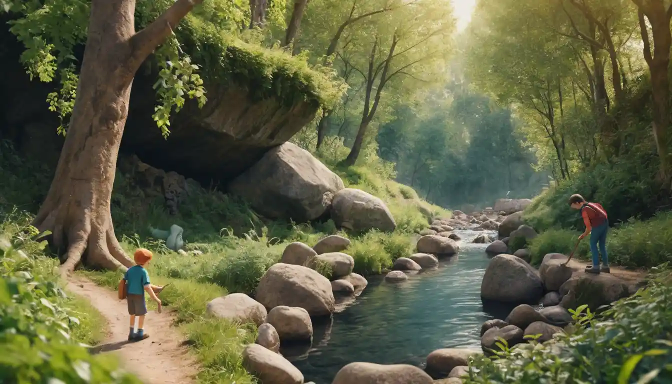 Girl clearing branches in a forest creek ravine