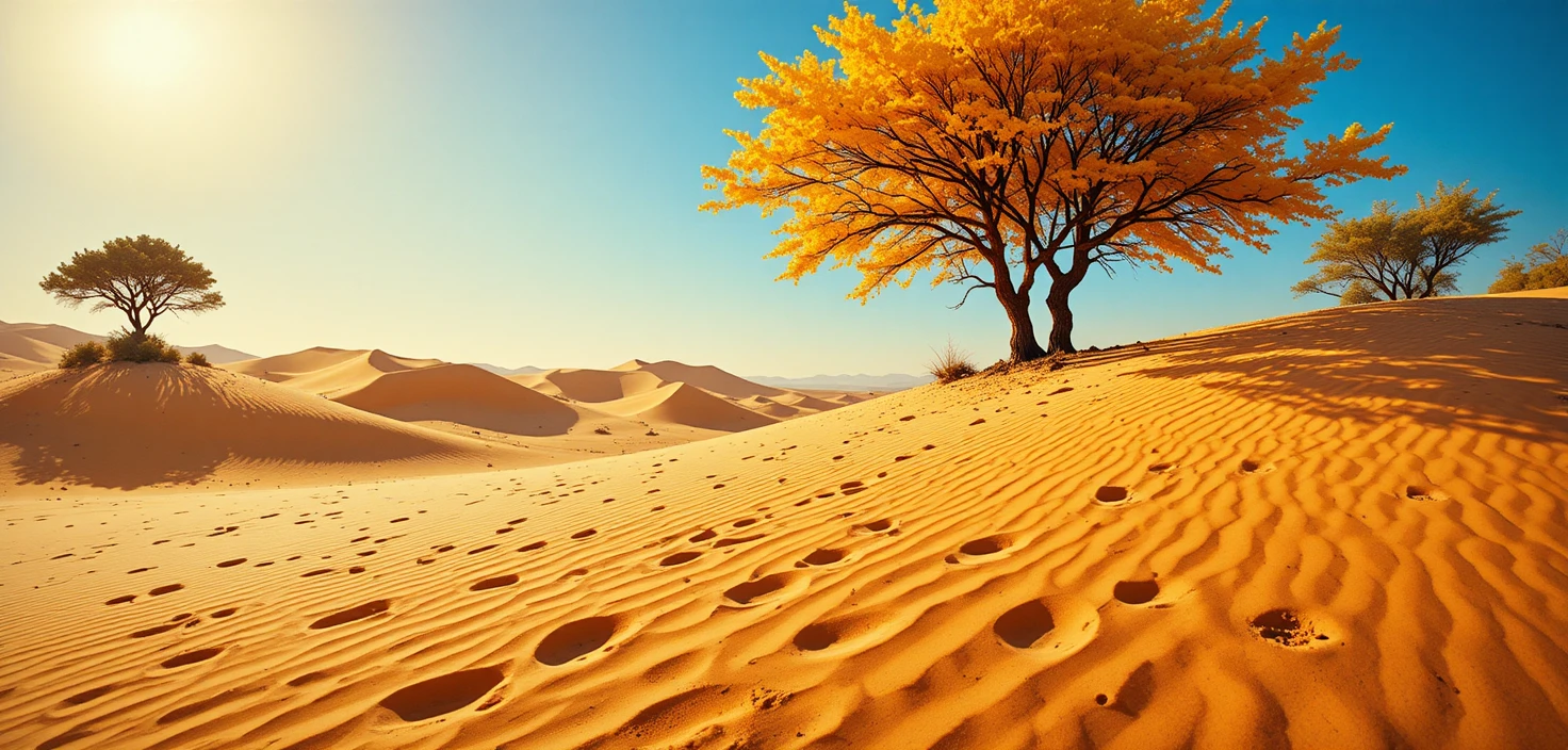 Golden desert dunes with trees and long shadows
