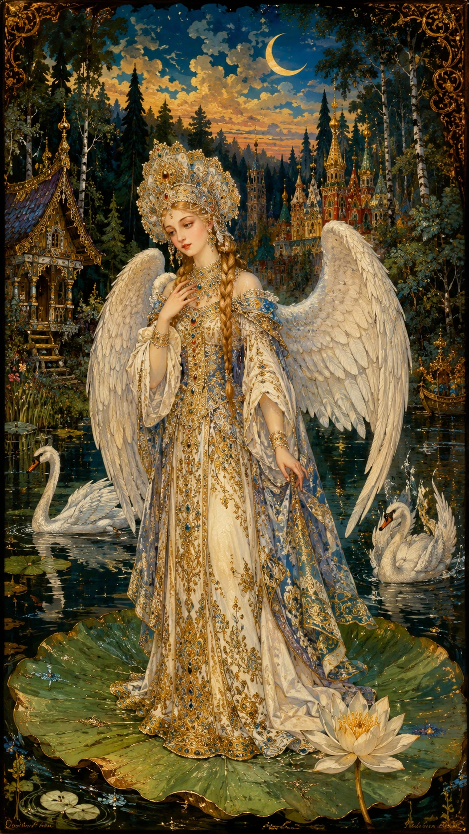 Princesa cisne de conto de fadas em um lago de vitórias-régias