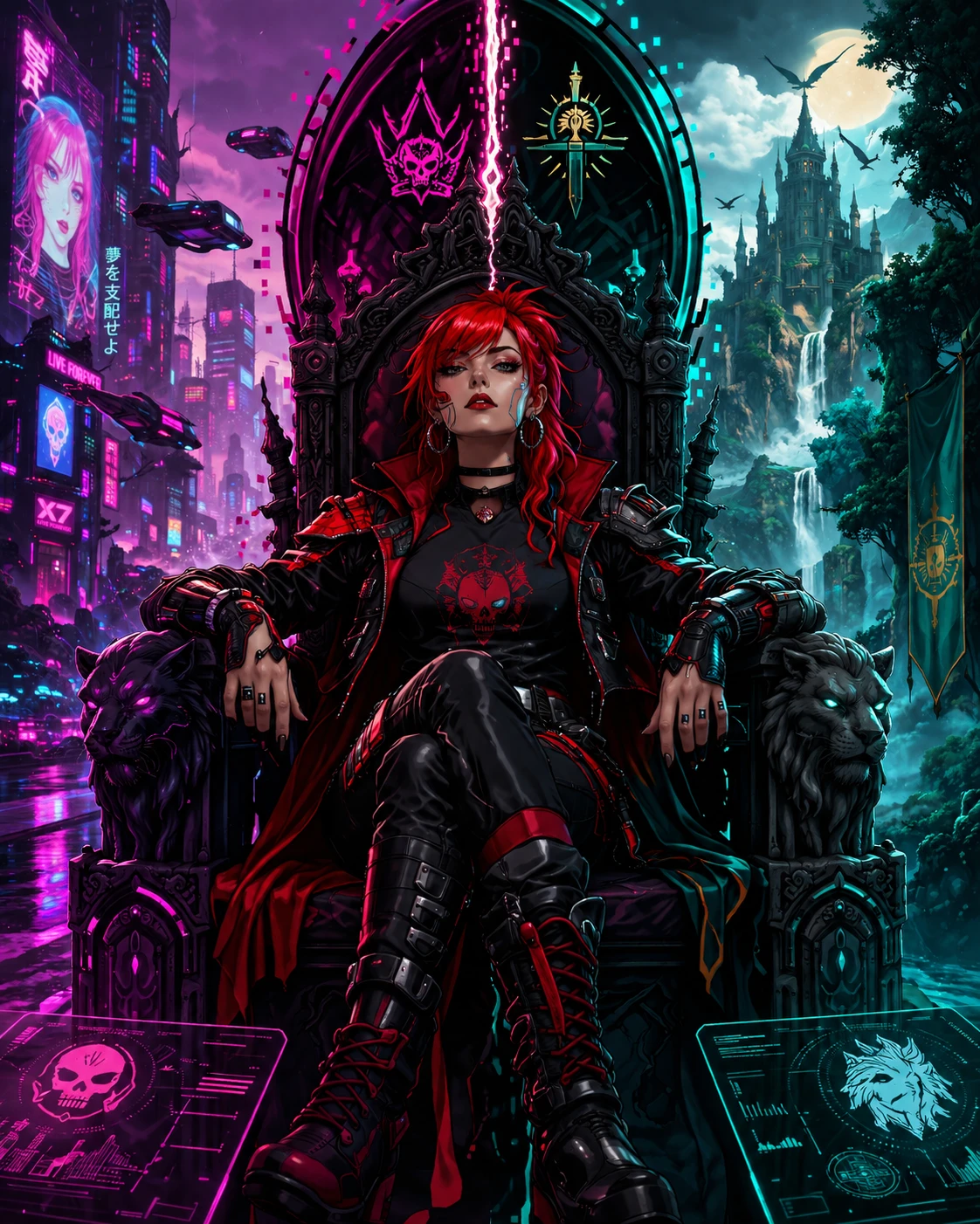 Gamer cyberpunk ruiva em um trono entre realidades