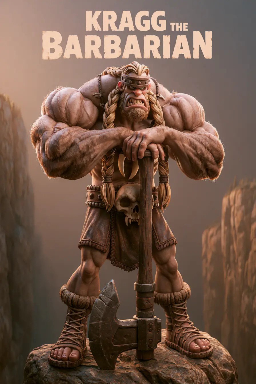 Muscled barbarian warrior with battle axe on cliff rock