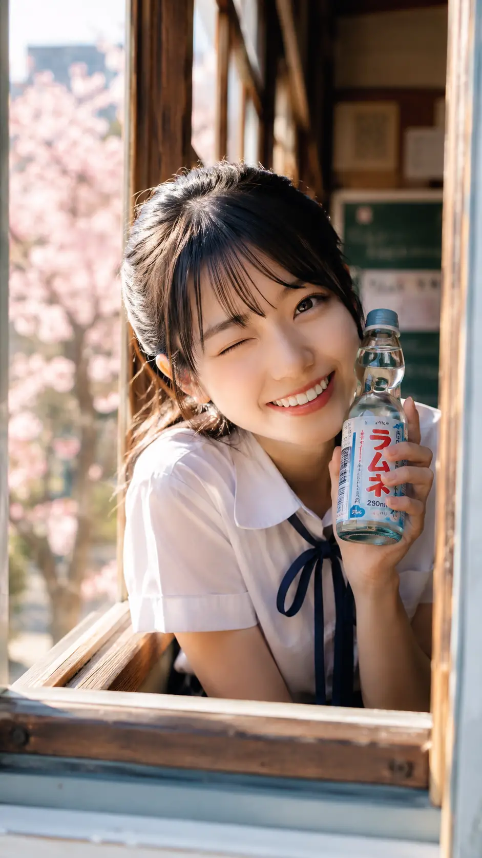 木枠の教室の窓からウィンクする遊び心いっぱいの女子学生