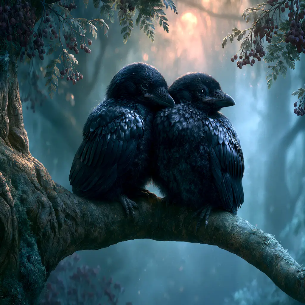 Two baby ravens cuddling on a branch in mystical forest