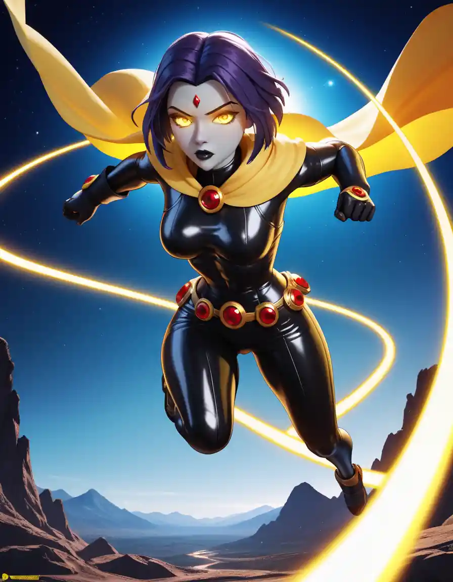 Futuristic giant warrior woman running across cosmic battlefield