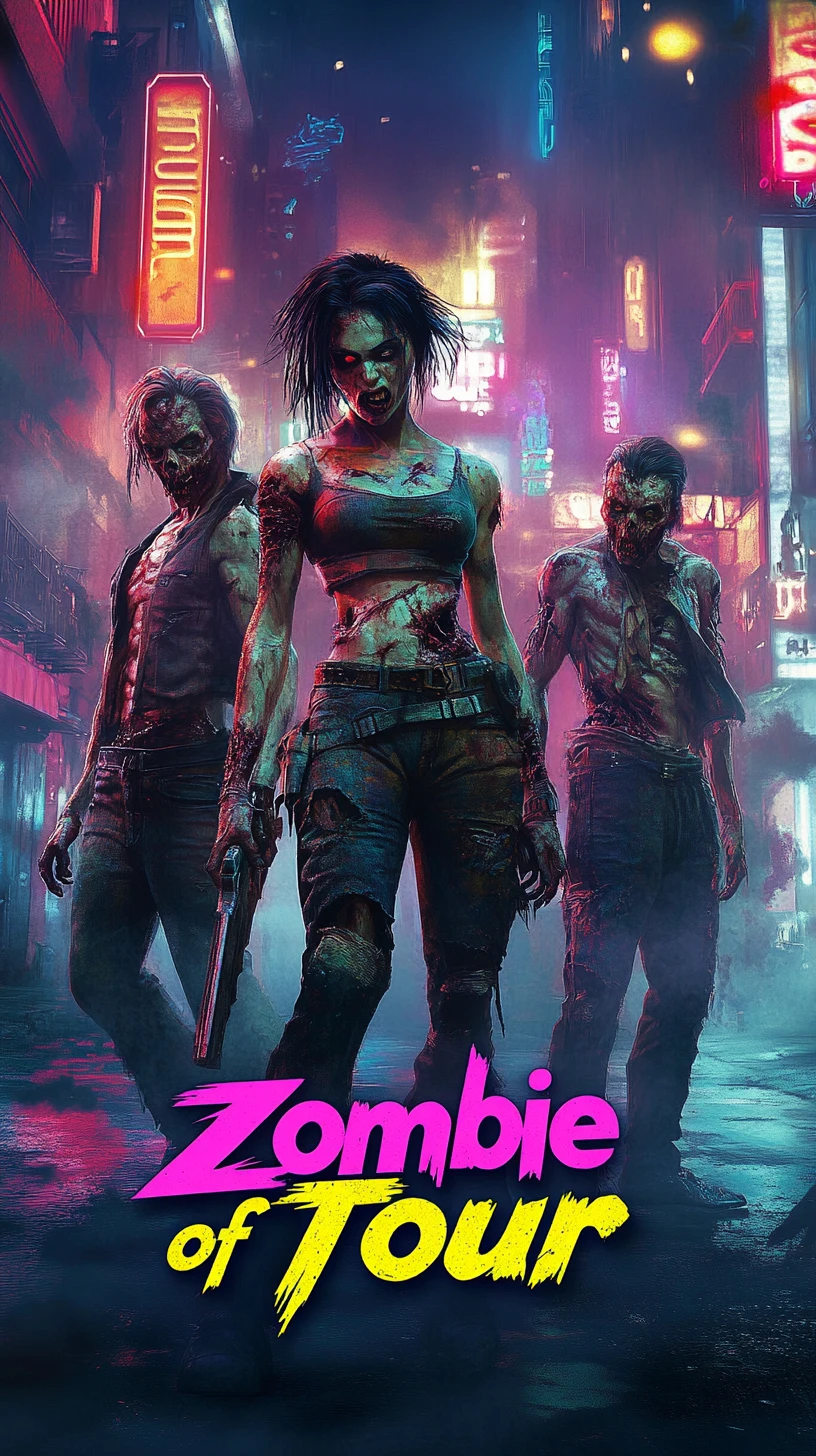Drei neonbeleuchtete Zombies vor einem lebendigen futuristischen Hintergrund