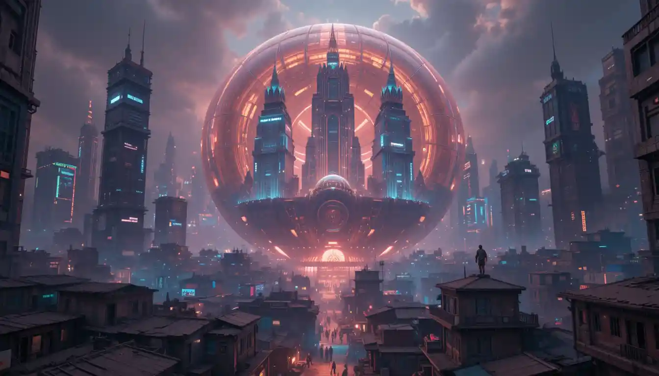 Skyline futuristica del Cairo sotto una gigantesca cupola trasparente