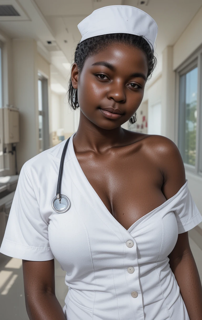 Jovem mulher de uniforme de enfermeira em quarto de hospital iluminado