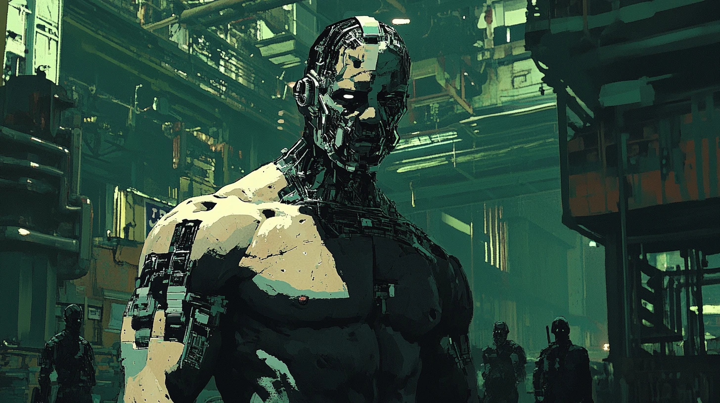 Ouvrier industriel cyborg dans un paysage urbain cyberpunk sombre