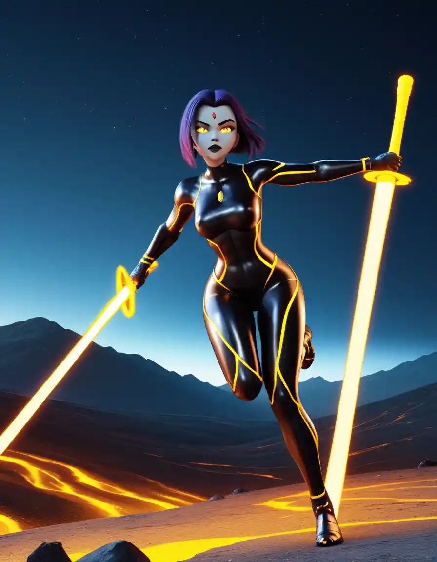 Giant sci fi warrior woman running across cosmic battlefield