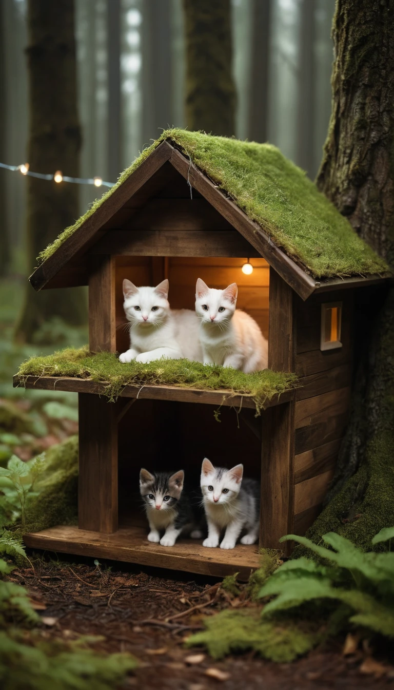 Aconchegante abrigo de madeira para gatos em uma floresta escura e chuvosa