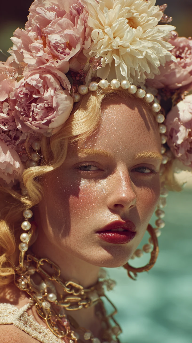 Retrato de moda em close com adorno floral na cabeça à beira da piscina