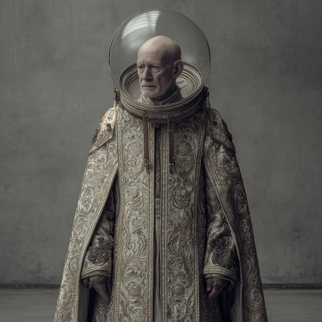Elderly sci fi priest in ornate armor within temple hall