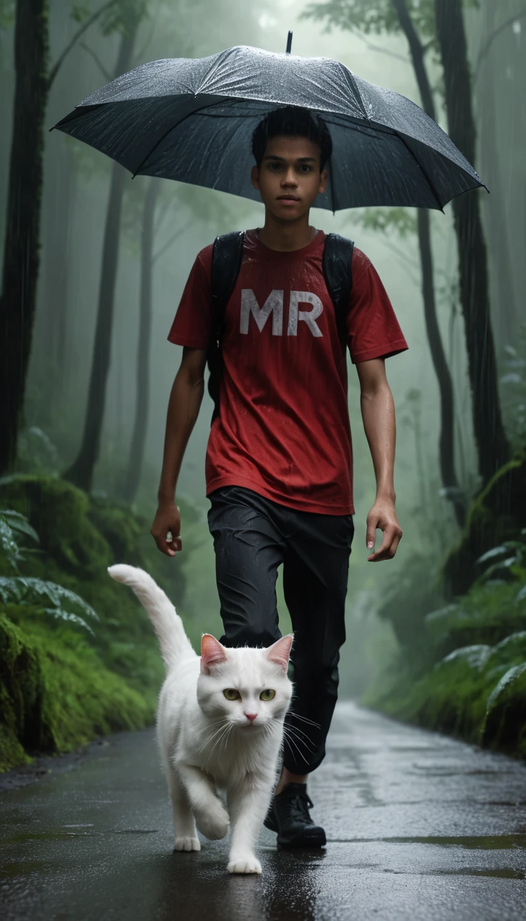 Teenager With Umbrella Meets White Cat On Rainy Forest Road