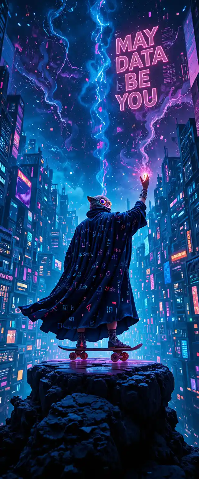 Neon city data wizard surrounded by glowing spreadsheet towers