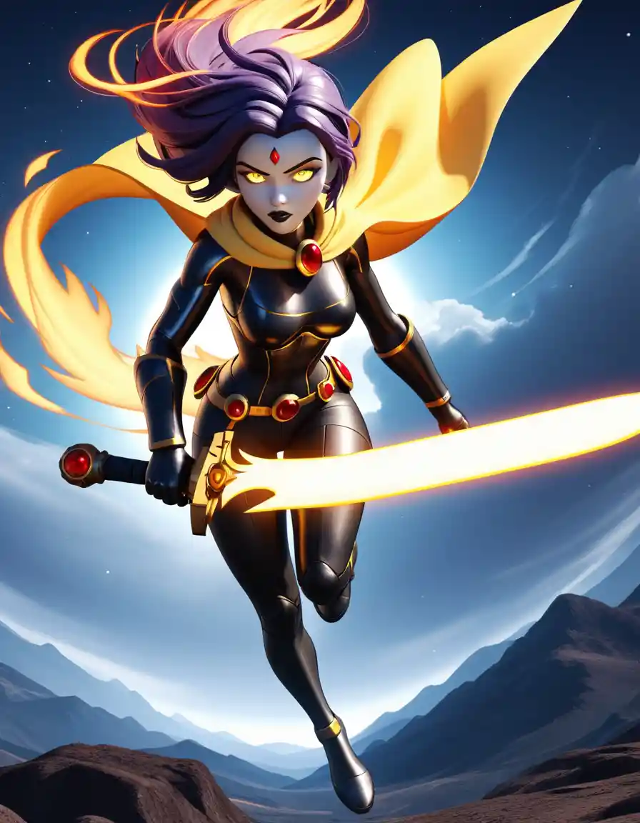Giant cybernetic warrior woman charging across cosmic battlefield
