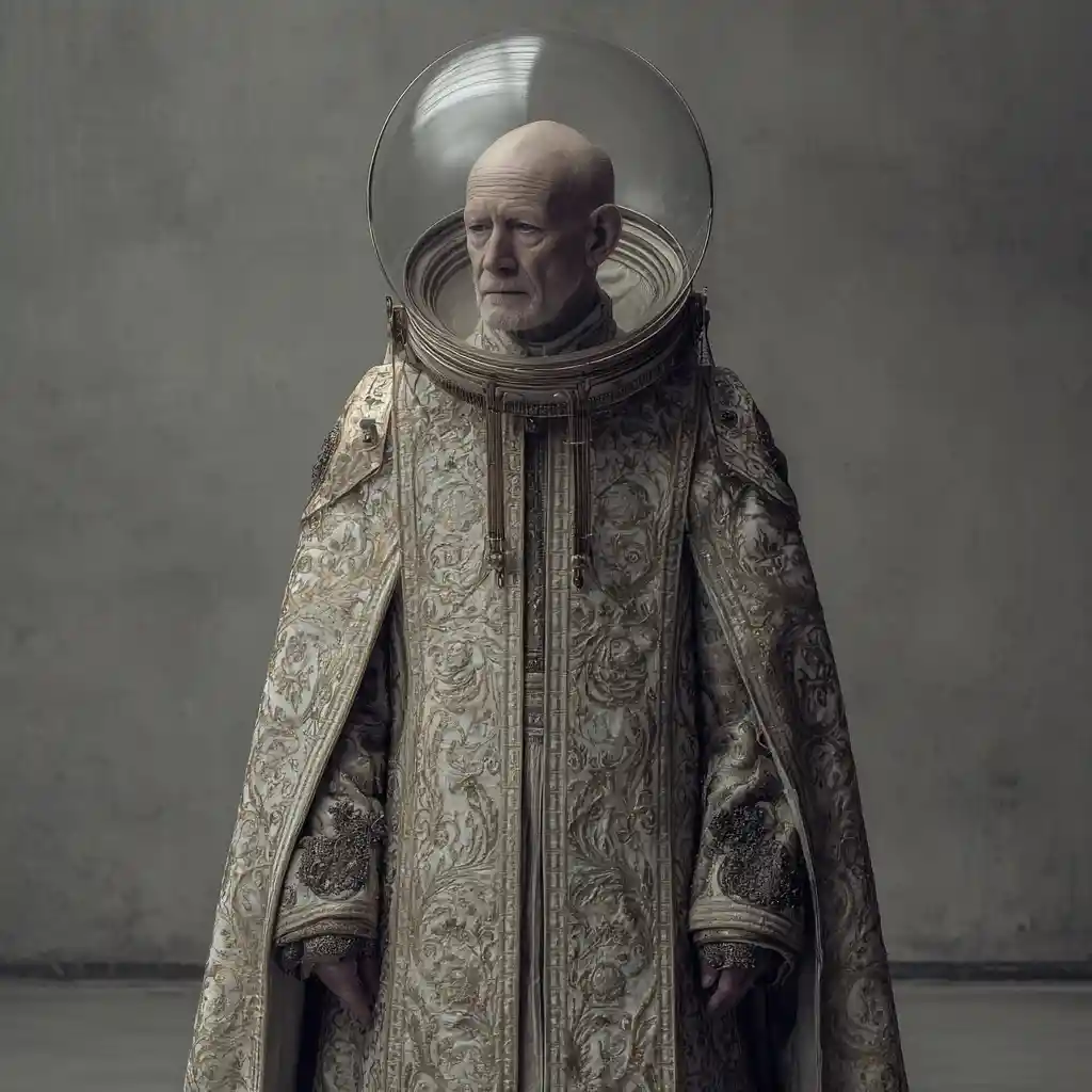 Elderly sci fi priest in ornate armor within temple hall
