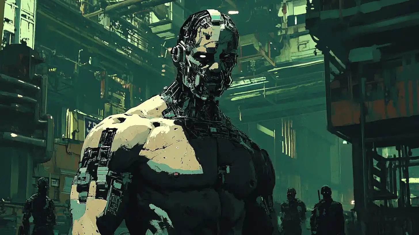 Cyborg industrial worker in a dark cyberpunk cityscape