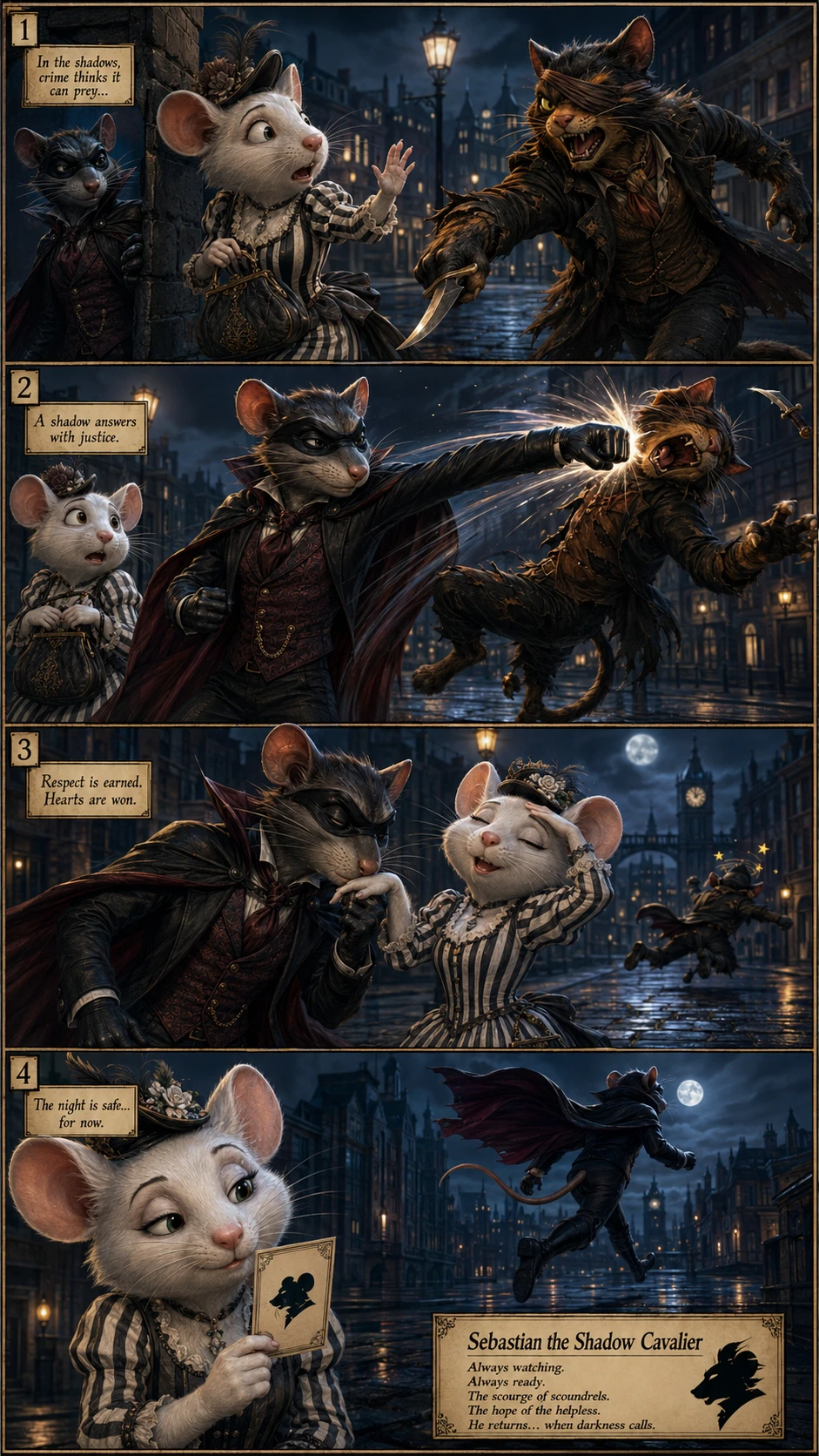 Rat héroïque et chat méchant dans une rue de ville au clair de lune