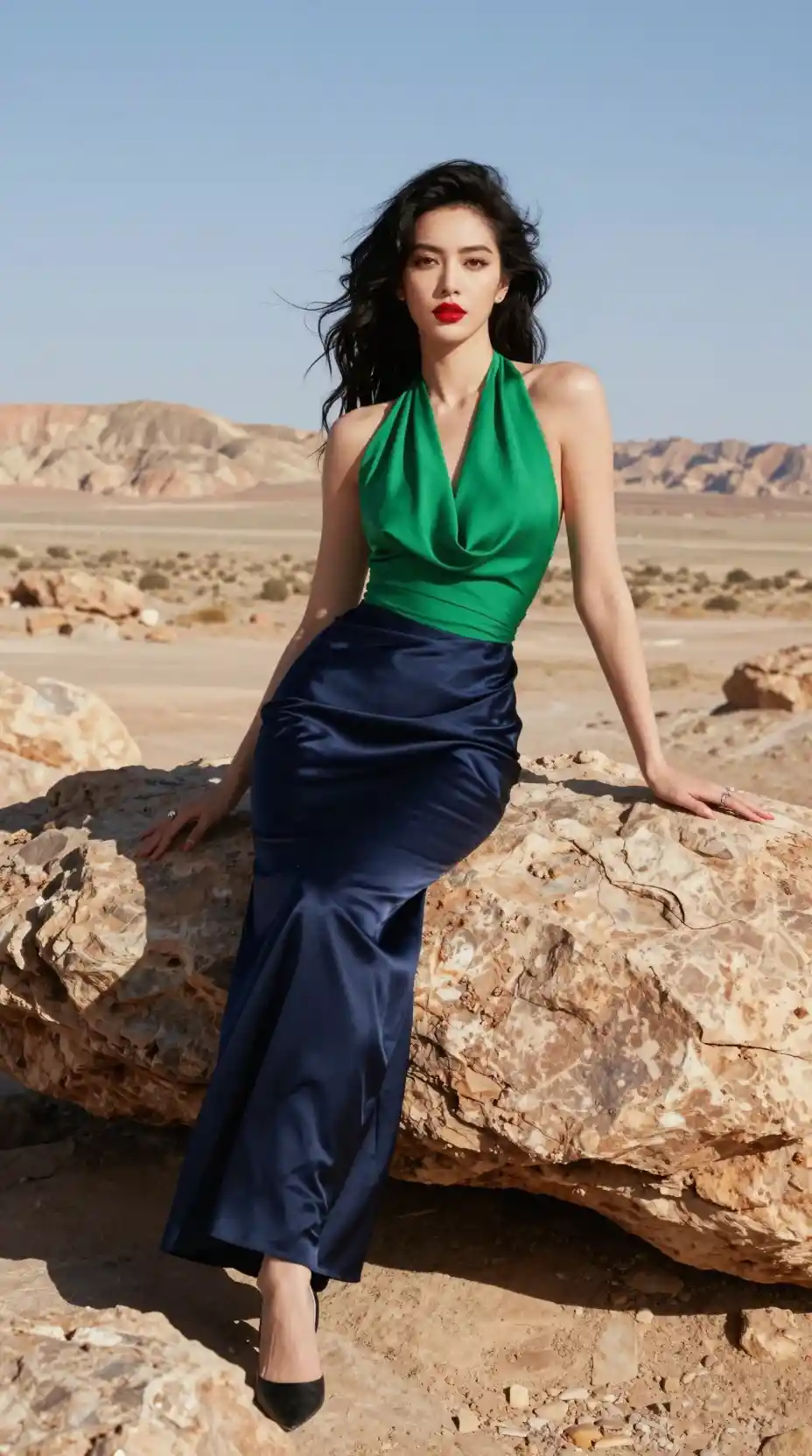 Donna sicura di sé con top verde sulle rocce del deserto