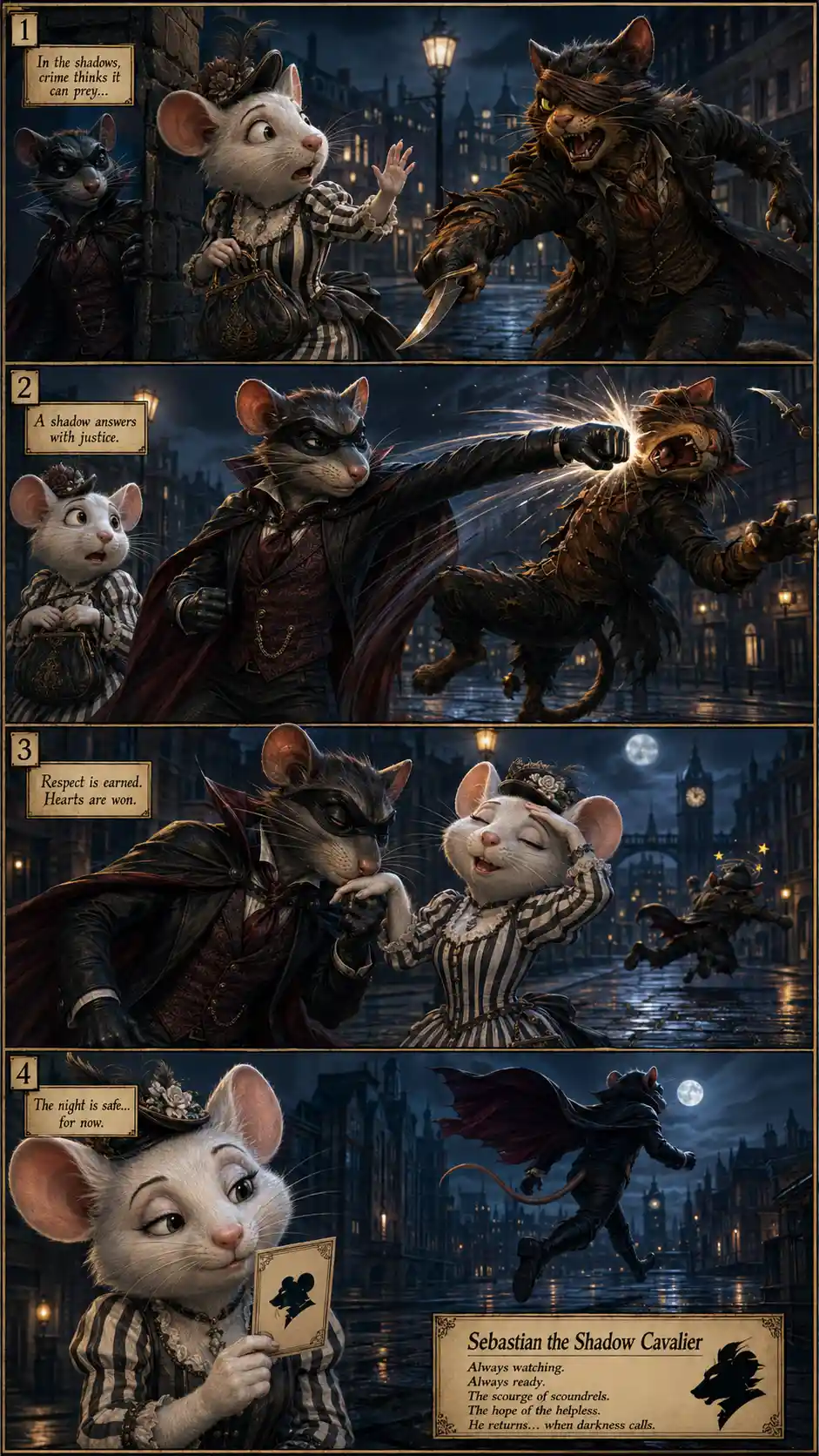 Heroic rat and villain cat on a moonlit city street