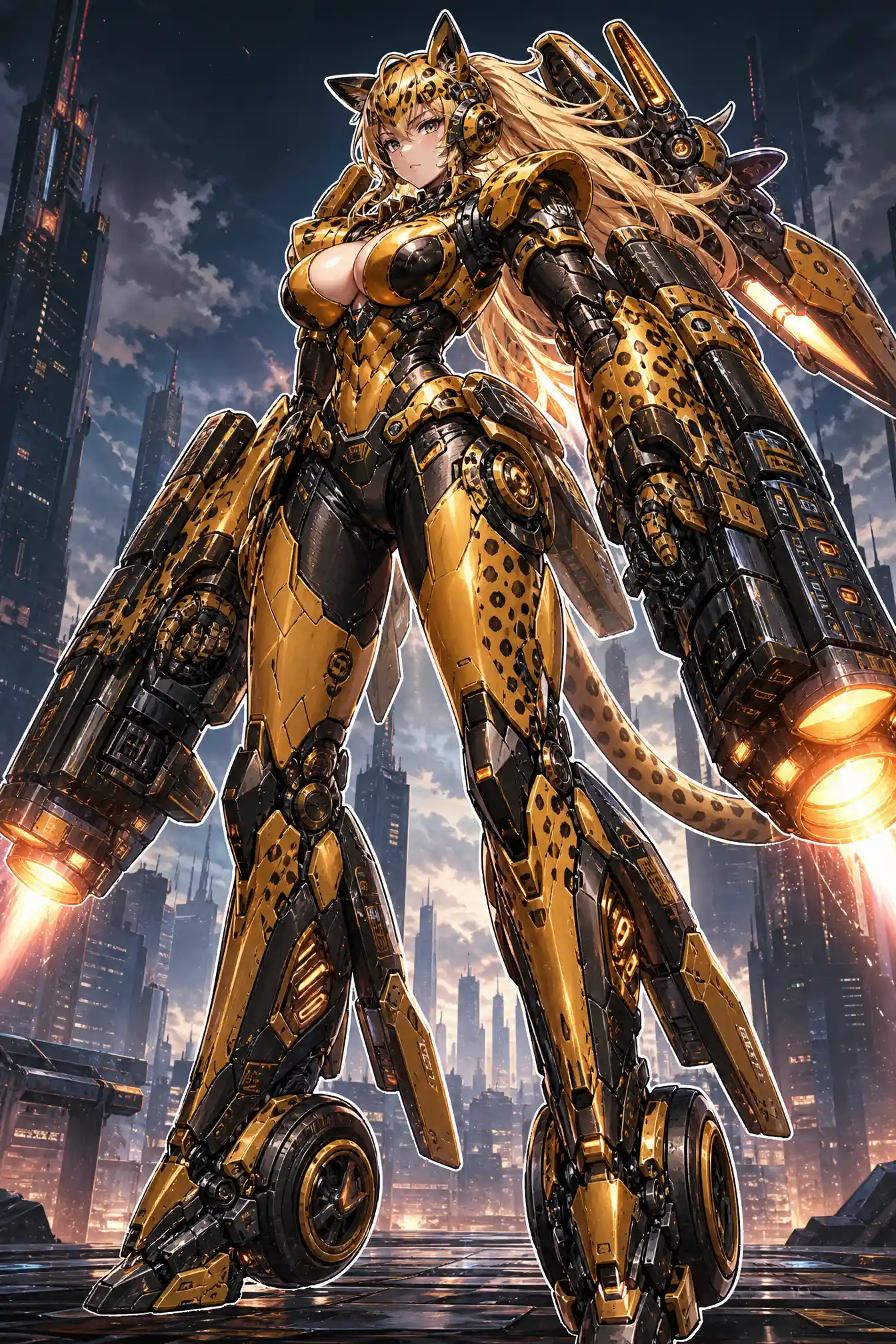 Tall anime mech warrior woman in futuristic city