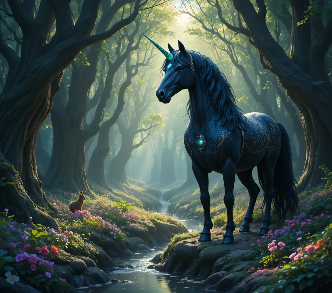 Majestisches schwarzes Einhorn in einem verzauberten uralten Wald