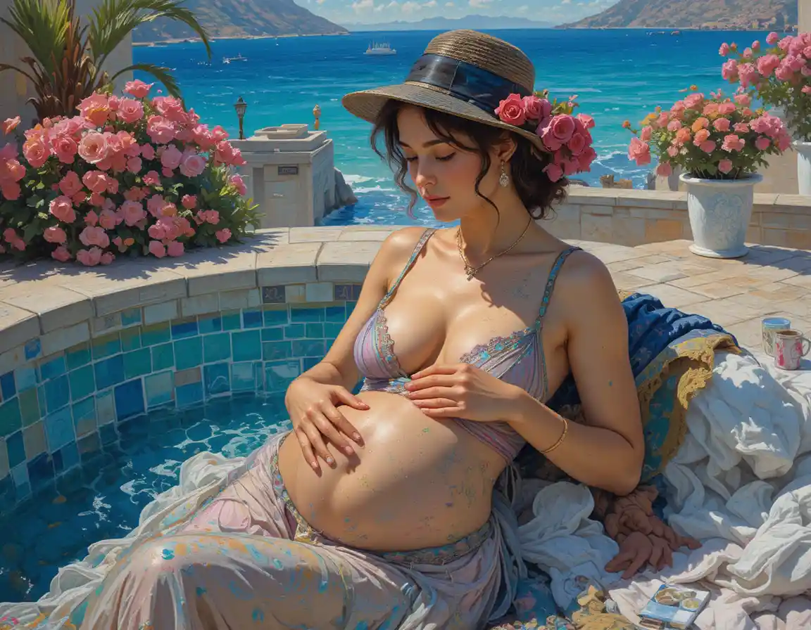 Mediterranean woman holding a baby in summer sunlight