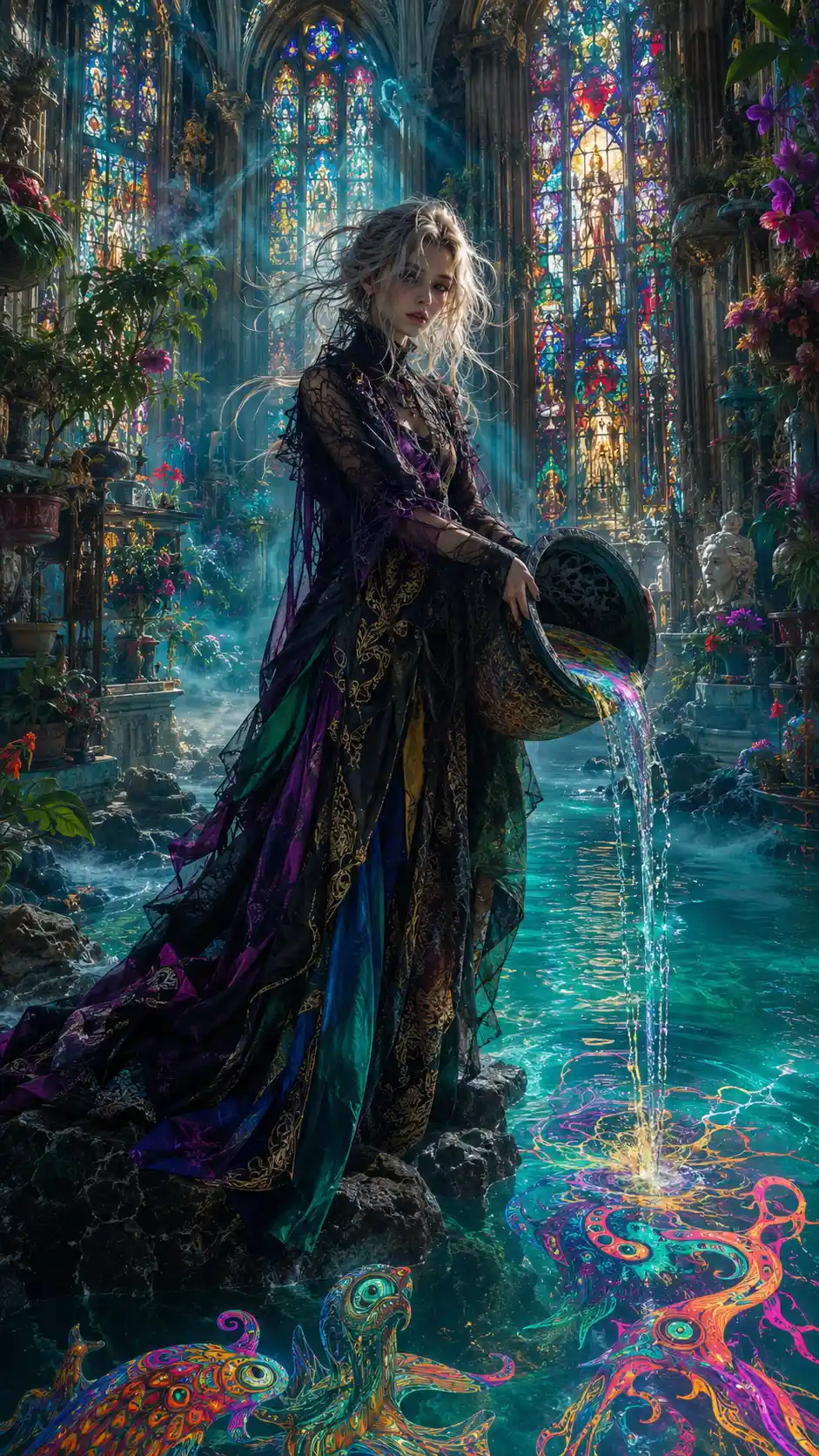 Emotive sorceress pouring light into a stormy sea